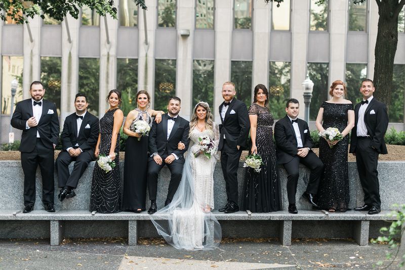 Bridal party photo in Mellon Square, Pittsburgh, PA