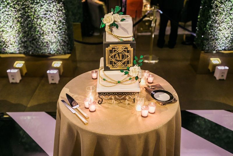 Black, gold and ivory wedding cake for Glam Pittsburgh Opera Wedding Reception