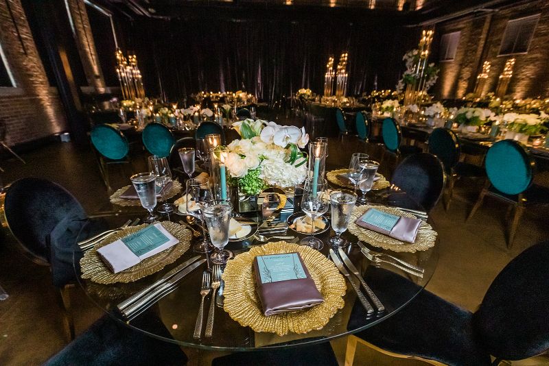 Black, white and gold dance tables for Glam Pittsburgh Opera Wedding Reception