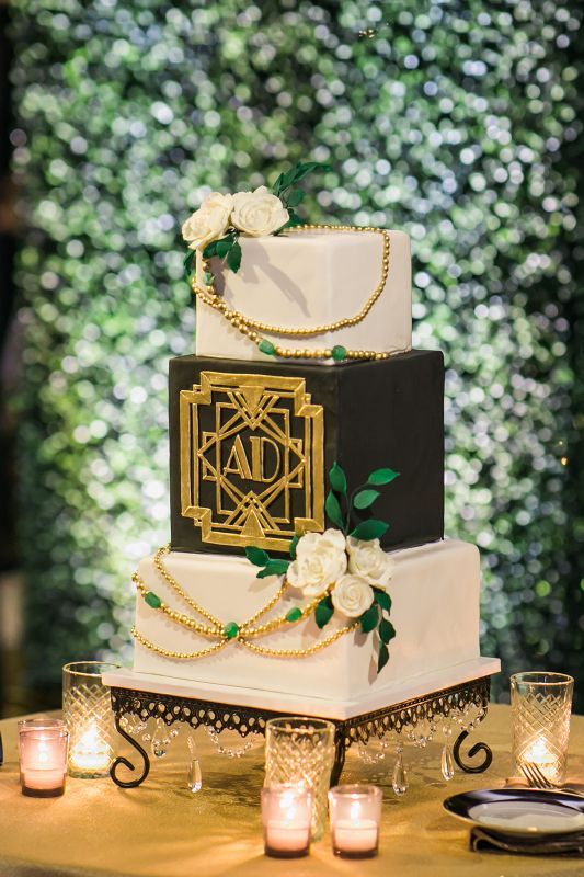 Black, gold and ivory wedding cake for Glam Pittsburgh Opera Wedding Reception