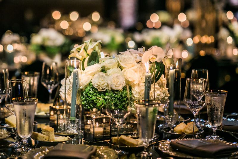 Black, Ivory, green and gold Tablescape Glam Pittsburgh Opera Wedding Reception