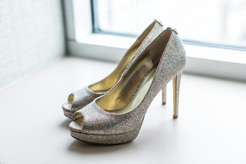 Close up photo of glittery wedding shoes