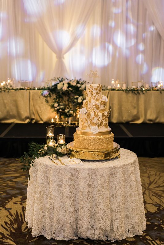 White and Gold gilded leaf three tiered cake from Bethel Bakery