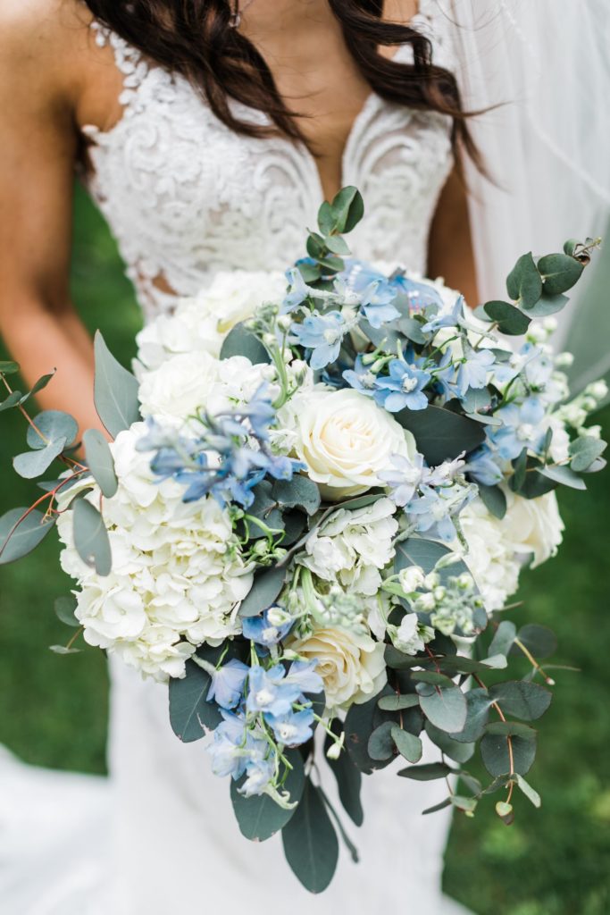 White, blue and green wedding bouquet