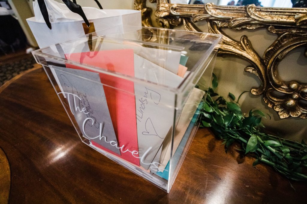 Clear acrylic card box used for elegant country club wedding