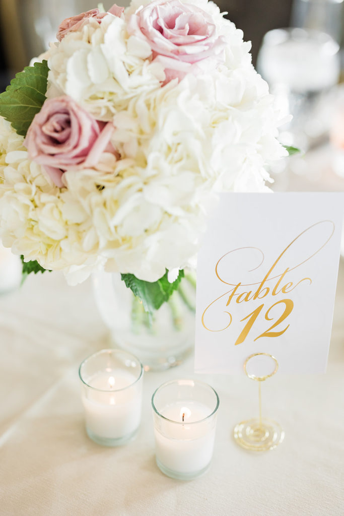 elegant and classic white and pink centerpieces at Pittsburgh City view wedding reception