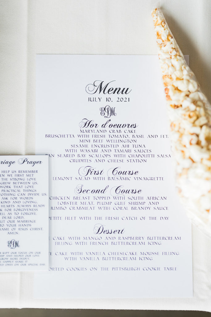 Elegant menu place setting at Pittsburgh City view wedding reception