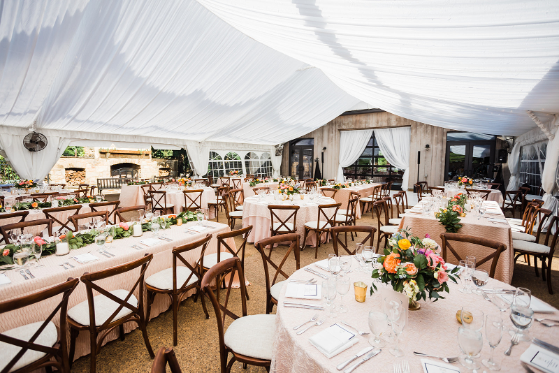White draped tent reception at vibrant Pittsburgh Botanic Garden wedding