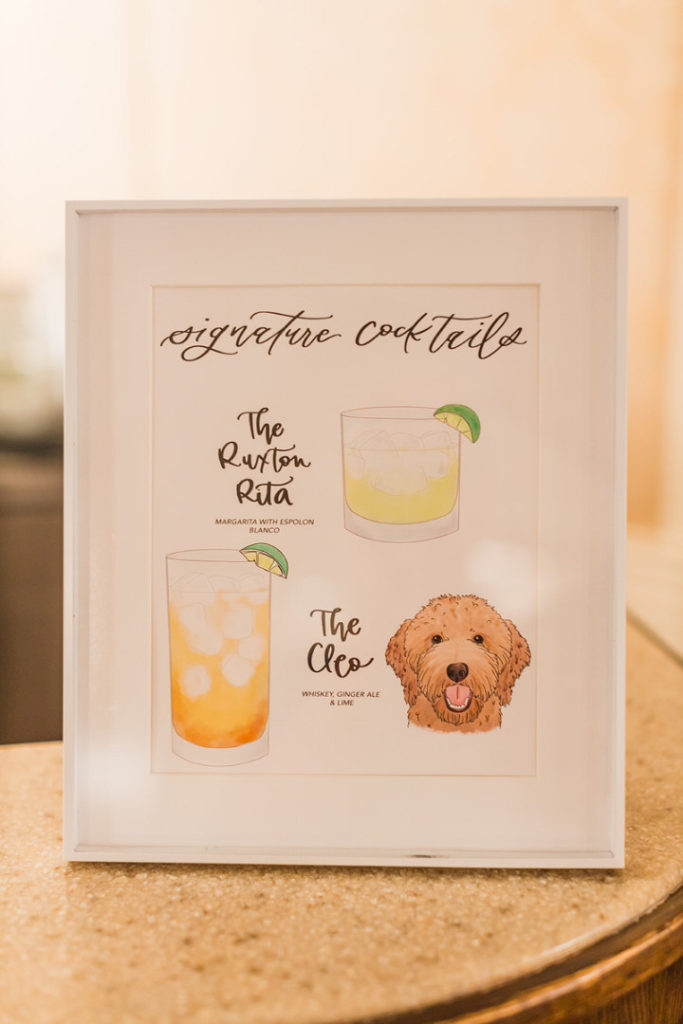 Signature drink signage featuring hand drawn drinks, dogs and calligraphy
