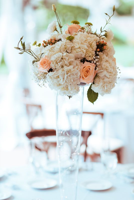 White, ivory, peach and green high centerpieces at Summer Pittsburgh Botanic Garden Wedding