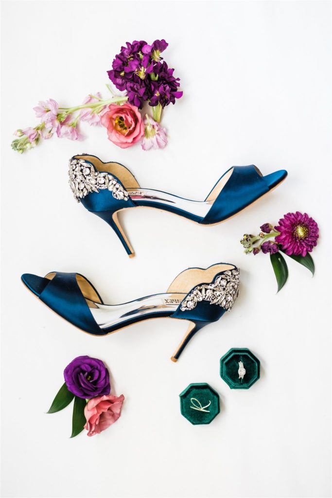 Royal blue diamond encrusted heels with bright florals and custom ring box