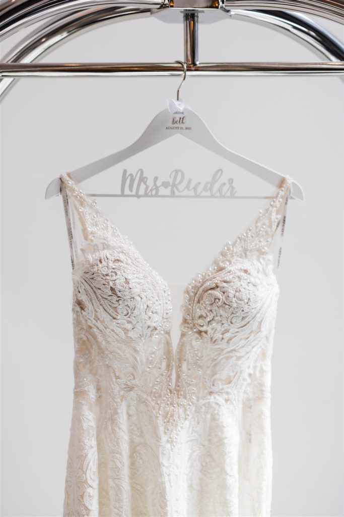 Martina Liliana wedding gown on custom Mrs. hanger