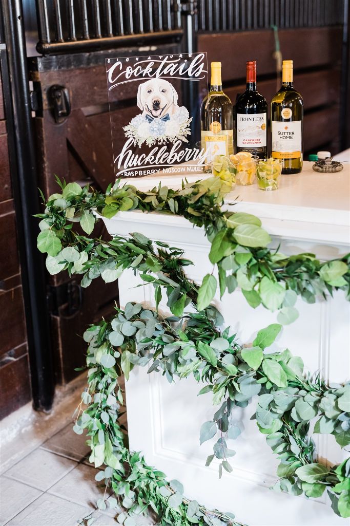 Signature drink signage featuring white lab on bar at Stables at Hartwood Wedding
