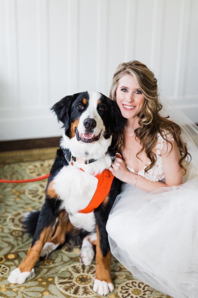 Bride poses with her dog in her wedding dress