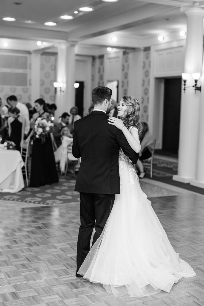 Bride and groom share first dance at wedding at Bedford Springs