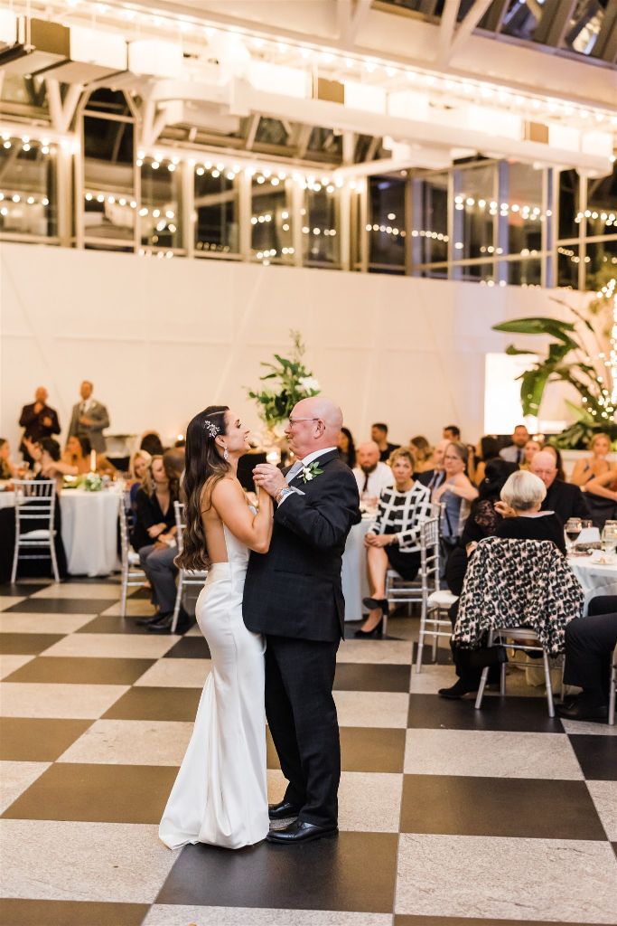 Bride and father take dance floor at PPG Wintergarden Full Glam Downtown Wedding reception