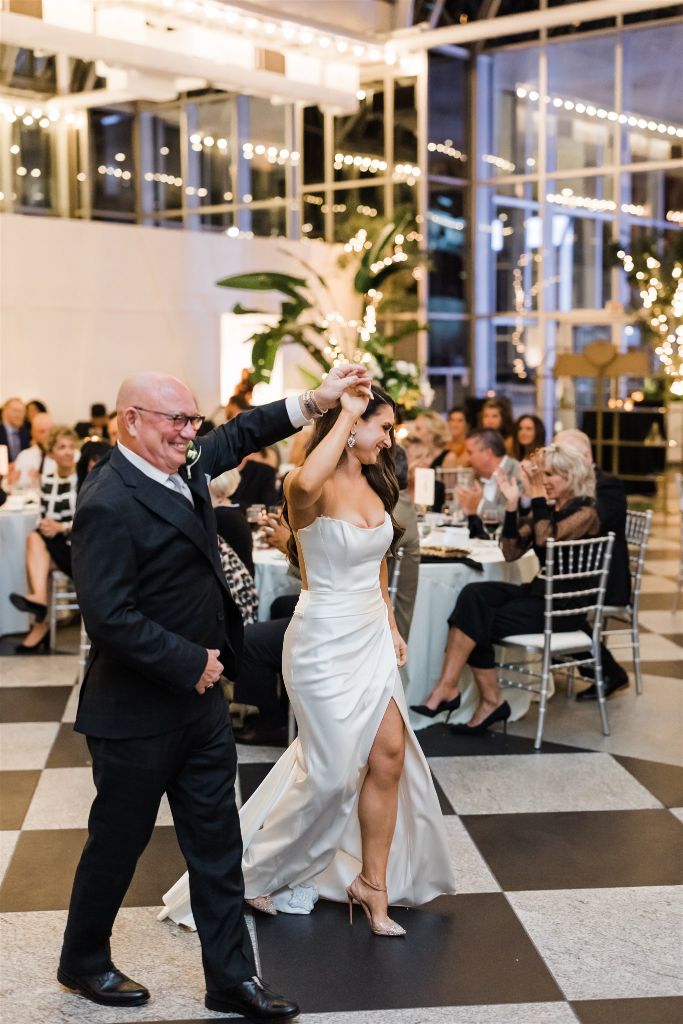 Bride and father exit dance floor at PPG Wintergarden Full Glam Downtown Wedding reception