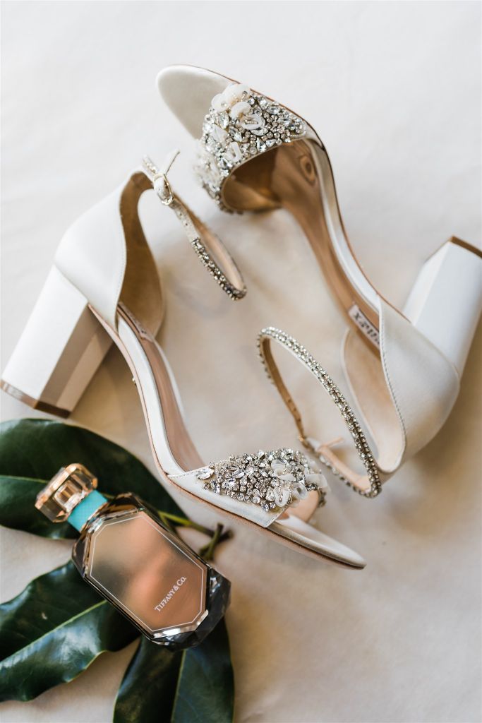 White and crystal wedding shoes with Tiffany perfume bottle