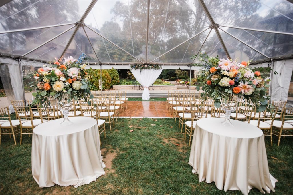 Ceremony set up under a naked tent at a Fall Frick Pittsburgh wedding