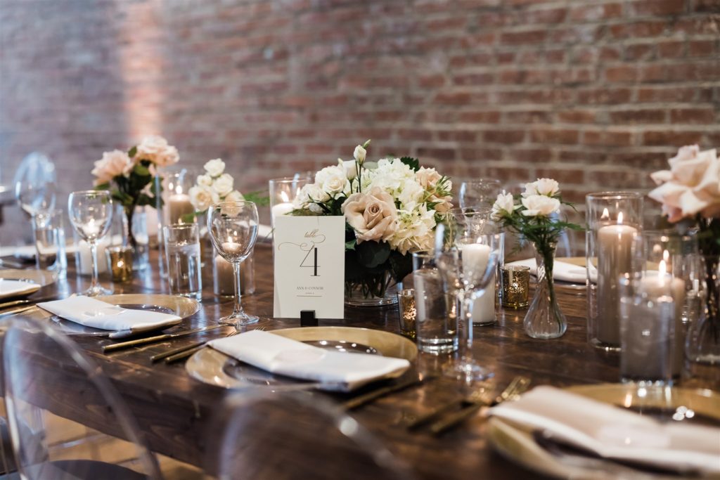Banquet style seating at sleek Slate reception